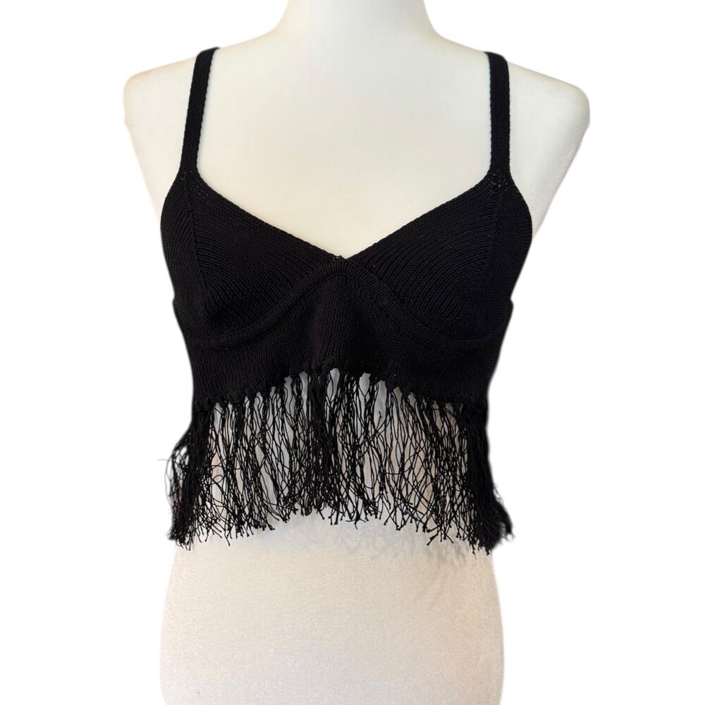 Open Edit Fringe Sweater Bralette Black Knit Crop Festival Boho Nordstrom M NWT - Picture 3 of 10